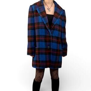 Vintage Wool Blend Royal Blue Plaid Single Breasted Oversized Overcoat Sz Large